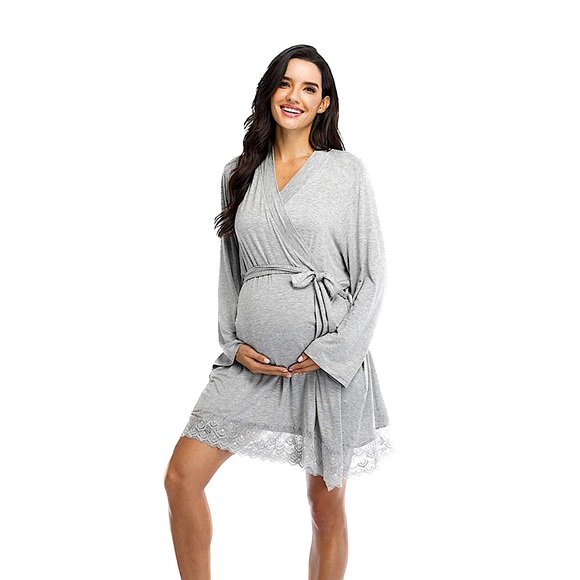 Bump Gray Short Jersey Knit, Belted Pregnancy Robe with Lace Trim, Size Medium - Picture 2 of 11